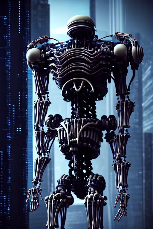 Image similar to photograph of a beautiful, bulky biomechanical creature that has a humanoid face, cinematic, realistic, hyperdetailed, futuristic, cyberpunk