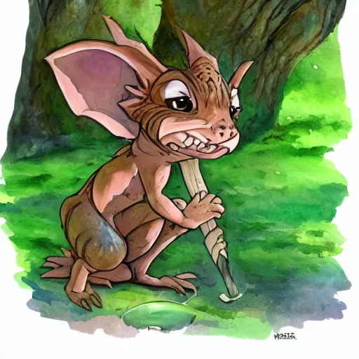 Prompt: watercolor of a chibi kobold in a forest. in the style of don bluth, disney, and hans zatzka. color harmony, 8 k detail, gallery quality, hd wallpaper, premium prints available.