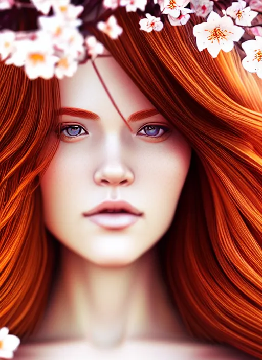 Image similar to photo of a gorgeous female with auburn hair in the style of stefan kostic, realistic, half body shot, sharp focus, 8 k high definition, insanely detailed, intricate, elegant, art by stanley lau and artgerm, extreme blur cherry blossoms background