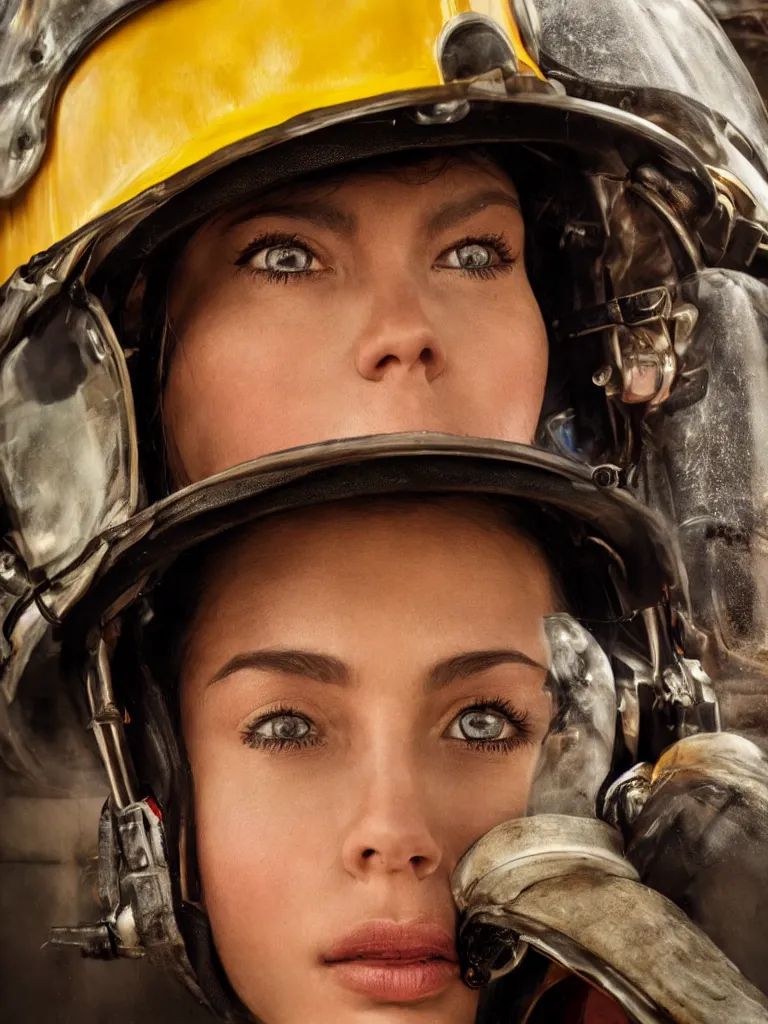 Image similar to intense close up portrait of beautiful woman fire fighter by disney concept artists, blunt borders, rule of thirds