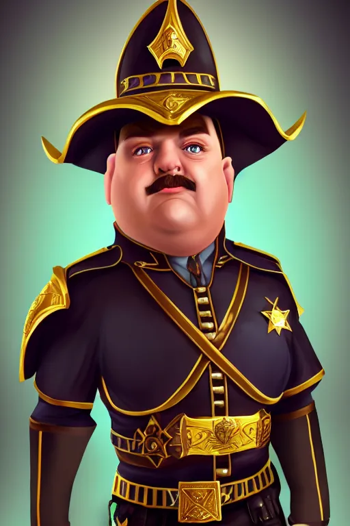 Image similar to high elf mall cop with a sheriff's badge that is fat, shifty, and incompetent, RPG portrait from the chest up, Oil Painting, dynamic lighting, Highly Detailed, Cinematic Lighting, 8k, HD