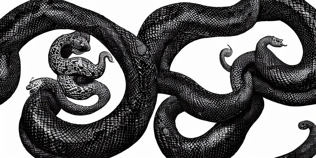 Image similar to realistic scene of snakes as ying yang, white and black, 1 4 5 0, ink, ultra realistic, 8 k