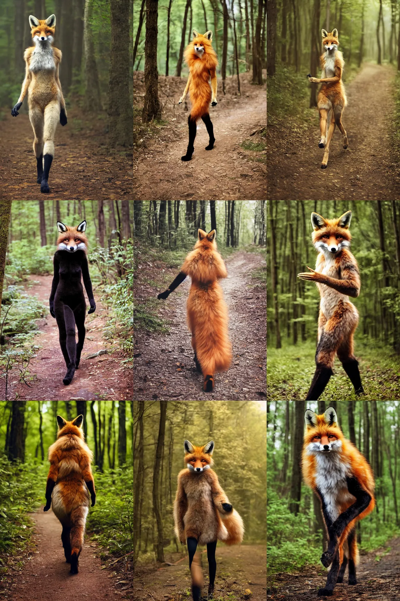 Image similar to anthro furry digitigrade natural - colored fox woman with black paws, walking upright in a forest, cinematic