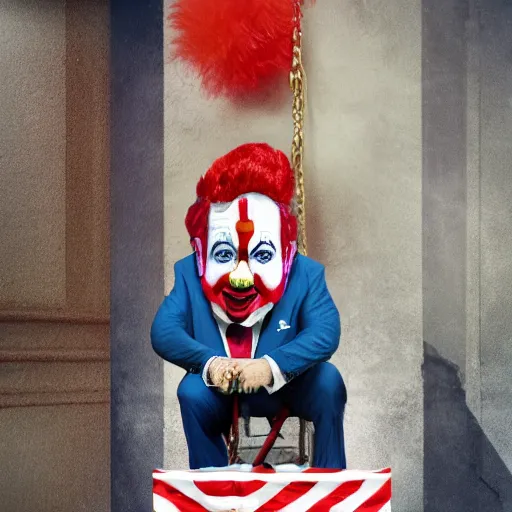 Image similar to donald trump as a clown being hanged for treason, 4 k, cinematic, hyperrealism,