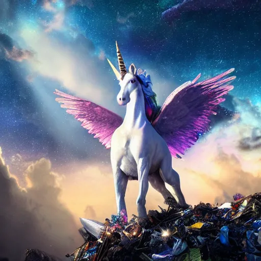 Image similar to a iridescent unicorn with wings dancing in a garbage dump, the sky has the milky way, ultra realistic, concept art, intricate details, highly detailed, photorealistic, octane render, 8 k, style of jean baptiste monge