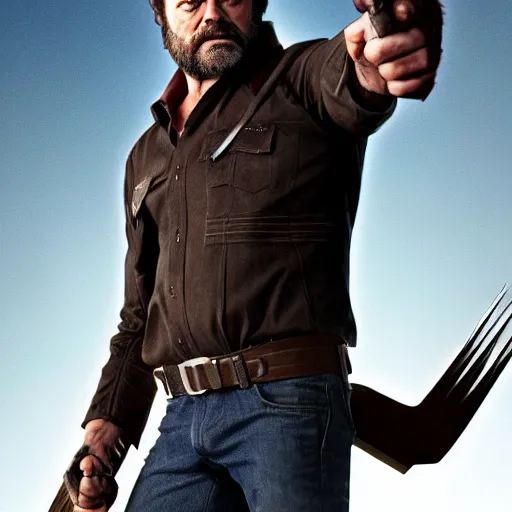 Prompt: logan wolverine pictured as nick offerman in x - men suit, imdb, marvel movie still, detailed 8 k, poster style, deviantart and artstation top picks