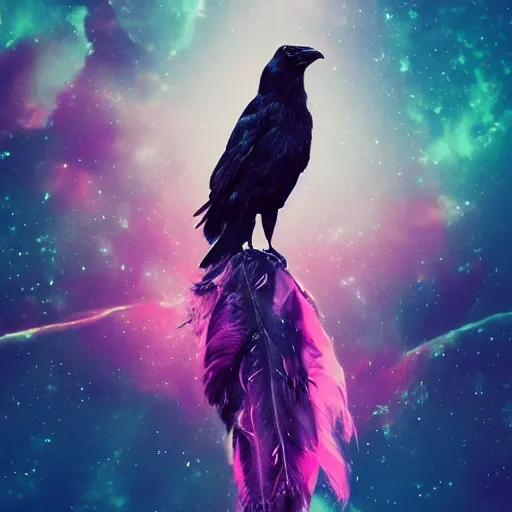 Prompt: portrait from a crow, feathers, bird, avian, wings, synthwave, universe background, nebula, galaxy, artstation