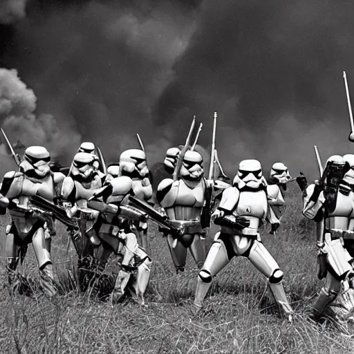 Image similar to star wars clone troopers combat soldiers in vietnam, photo, old picture, lush landscape, jungle, firearms, explosions, helicopters, aerial combat, active battle zone, flamethrower, air support, jedi, land mines, gunfire, violent, star destroyers, star wars lasers, sci - fi, jetpacks, agent orange, bomber planes, smoke, trench warfare