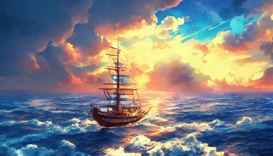 Prompt: one piece ship sailing, dynamic sky, sun sunset, with blue light piercing through clouds, makoto shinkai, royal blue colors, lighting refraction, volumetric lighting, pixiv art, highly detailed, anime art, symmetrical, wlop, anime art