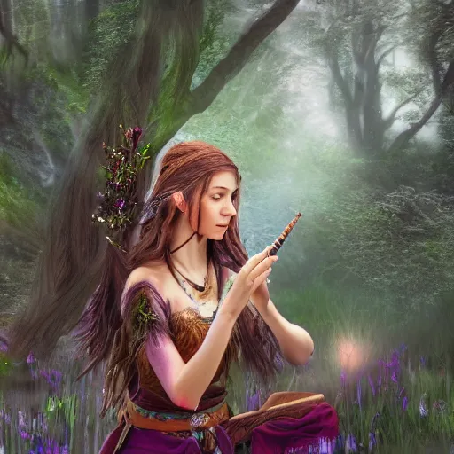 Prompt: a beautiful female half - elf druid playing the flute in a dreamy forest, 4 k, concept art