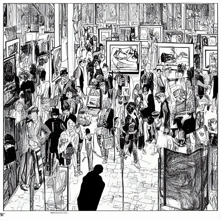 Prompt: a still frame from comic strip a visitors in a contemporary art gallery 1 9 9 0, new yorker illustration, monochrome contrast bw, lineart, manga