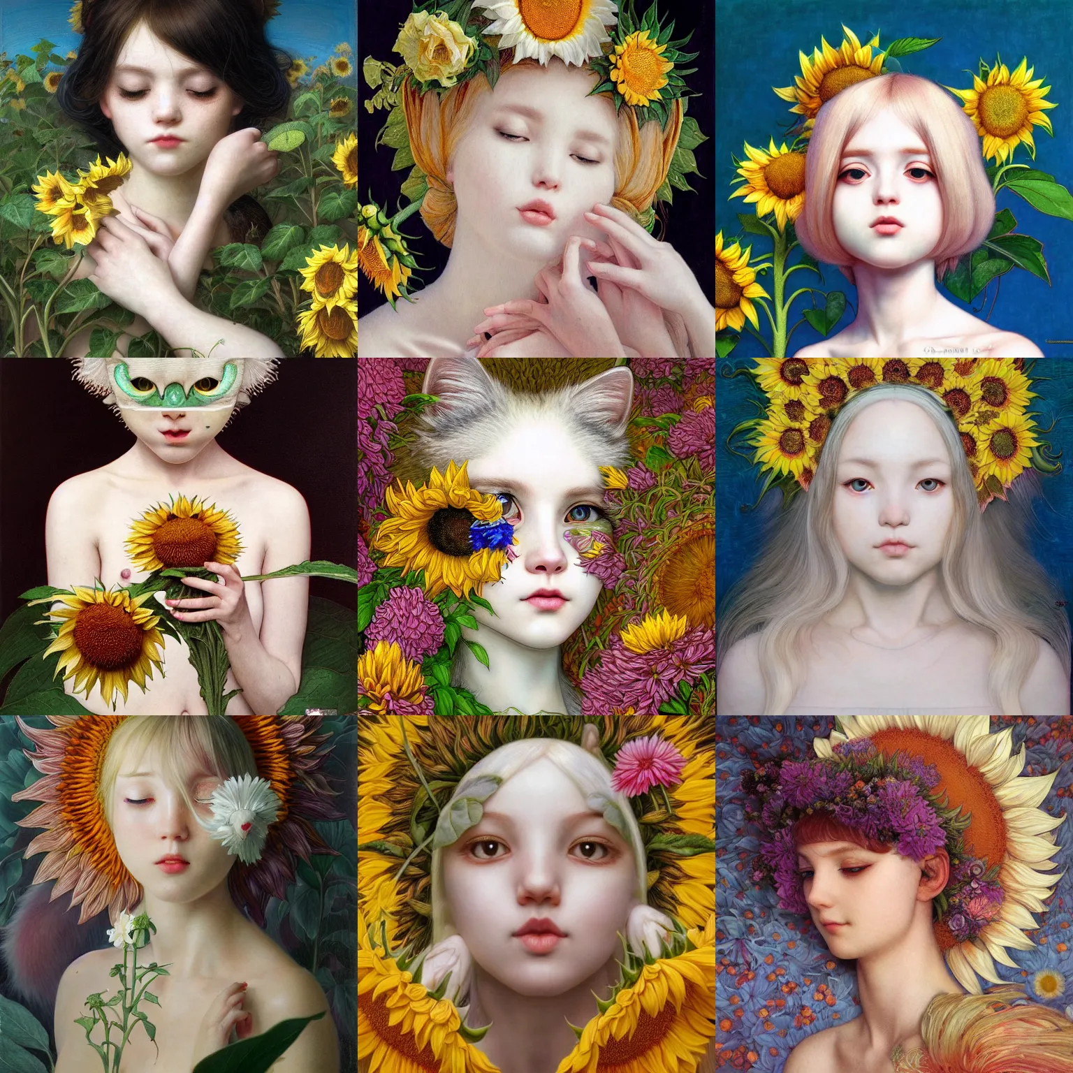 Image similar to white cat girl, botanical, sunflower, portrait face, colorful, frantisek kupka, intricate, miles johnston, kuroda seiki, cynical realism, ozabu, john william godward, painterly, yoshitaka amano, moebius, miles johnston, louise zhang, james jean, mark ryden lowbrow pop surrealism art style