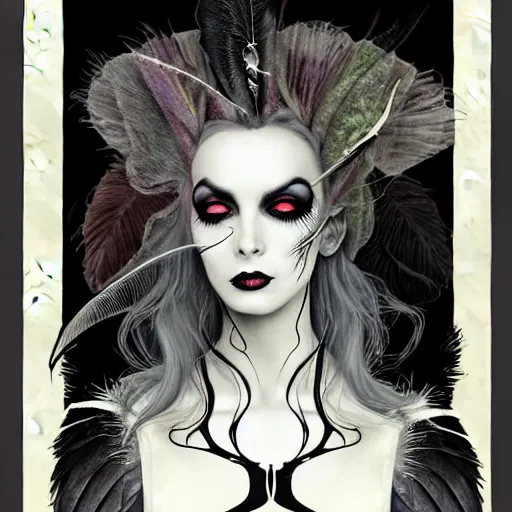 Image similar to portrait soft light, goth woman as mysterious supervillain and and black veil and modestly clothed victorian goth, black feathers instead of hair, black wings instead of arms, gray mottled skin, black feathers growing out of skin, transforming, by tim burton and brian froud, inspired by flash gordon, paintbrush, rough paper, fine,