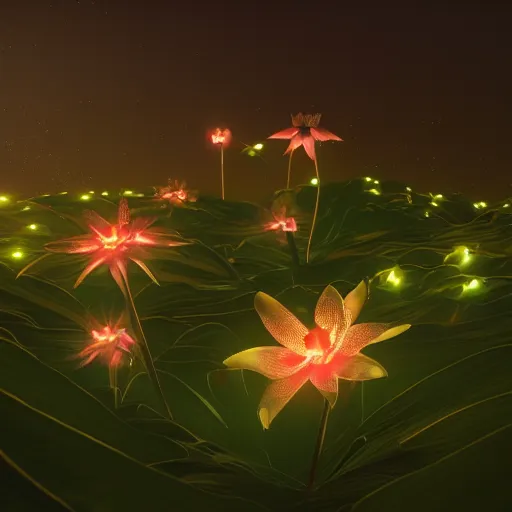 Image similar to Luminescent flower blooming at twilight, cgsociety, r /art, trending on artstation, artstationHD, octane render, highly detailed, cel-shaded, vray