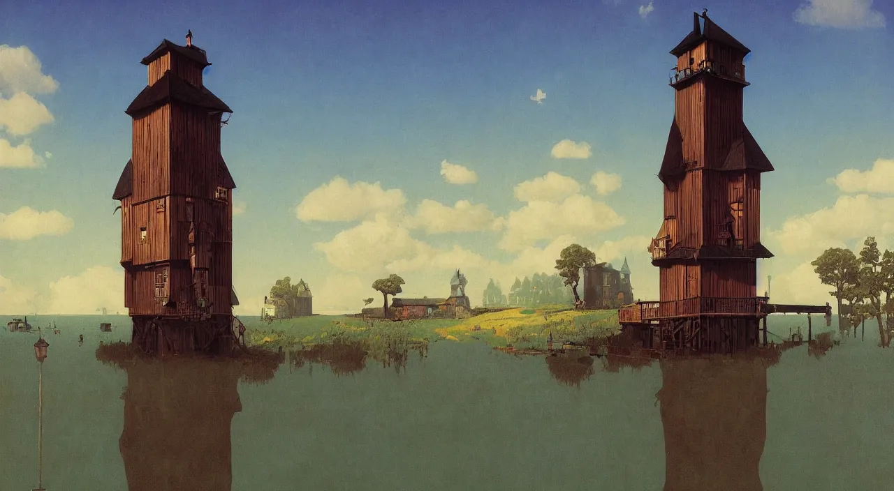 Image similar to single flooded simple victorian wooden tower, very coherent and colorful high contrast!! masterpiece by rene magritte simon stalenhag carl spitzweg syd mead norman rockwell edward hopper james gilleard, minimalist, dark shadows, sunny day, hard lighting