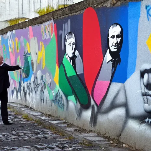 Prompt: Vladimir Putin and Sergey Lavrov, kiss on the Berlin wall graffiti, 8k