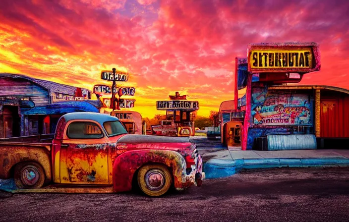 Image similar to a sunset light landscape with historical route 6 6, lots of sparkling details and sun ray ’ s, blinding backlight, smoke, volumetric lighting, colorful, octane, 3 5 mm, abandoned gas station, old rusty pickup - truck, beautiful epic colored reflections, very colorful heavenly, softlight