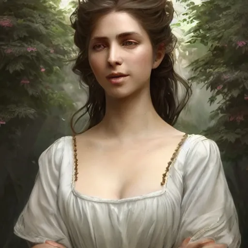 Image similar to epic portrait a beautiful woman wearing a white blouse and short sleeves, digital painting, artstation, concept art, soft light, hdri, smooth, sharp focus, illustration, fantasy, intricate, elegant, highly detailed, D&D, matte painting, in the style of Greg Rutkowski and Alphonse Mucha and artemisia, 8k, highly detailed, jurgens, rutkowski, bouguereau, pastoral, rustic, georgic, detailed concept art, illustration, colorful pastel, painting, detail, ultra detailed, digital art, octane render, 4K,