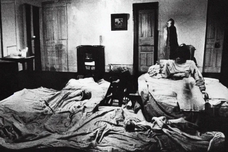 Prompt: enfield haunting 1 9 7 7, photo real, ghosts, bedroom, seance, creepy, 7 0 s, realistic