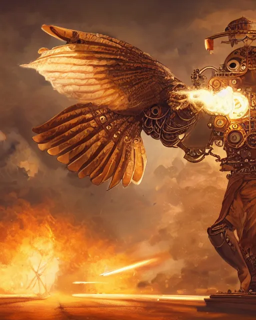 Image similar to oil painting of Anthropomorphized Steampunk Owl shooting steampunk gun, sharp focus, exploding golden steampunk city background, full body, heroic pose, fantasy style, octane render, volumetric lighting, 8k high definition, by greg rutkowski, highly detailed, trending on art Station, magic the gathering artwork, centered, dramatic artwork