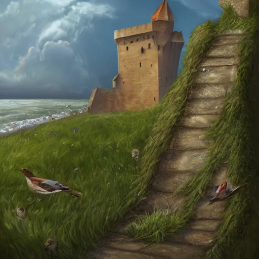 Prompt: old overgrown castle wall at the seaside, sparrows nesting in the cracks, artstation, album cover, digital oil on canvas