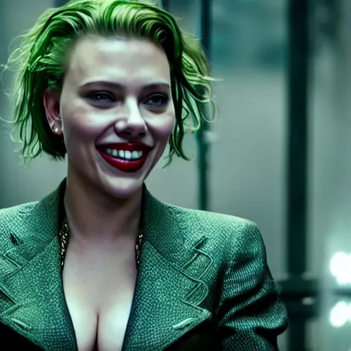 Image similar to beautiful awe inspiring (Scarlett Johansen) as The Joker smiling 8k hdr