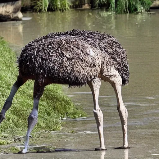 Prompt: bipedal ostrich and crocodile hybrid animal, real photo, taken in zoo