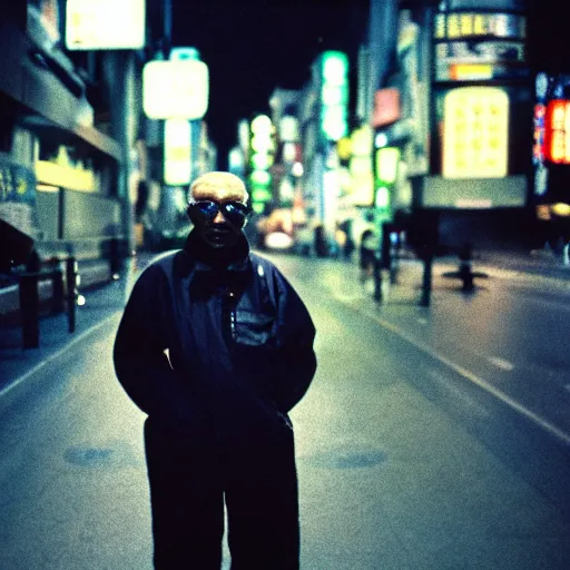 Prompt: old black man in tokyo at night, wearing ski goggles, cinestill 8 0 0,