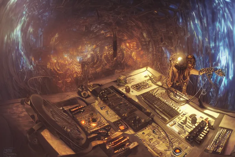 Image similar to a fisheye lens photo of a post apocalyptic tribal cyborg dj tweaking and playing synthesizers in the most complicated and technical spiral fractal musical studio, powerful, cinematic, beautifully lit, by donato giancola, by artgerm, by karol bak, 3 d, perfect face and body, trending on artstation, octane render, 8 k