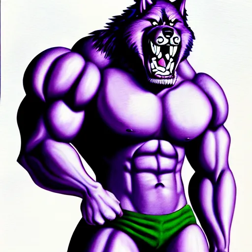 Prompt: painting of an anthropomorphic bulky muscular purple wolf, furry style, wearing jeans, deviant art, fursona, professional furry drawing, insanely detailed, bulky wolf - like face with dragon features, doing a pose from jojo's bizarre adventure, detailed veiny muscles, exaggerated features, beautiful shading, huge teeth, grinning, colorful background