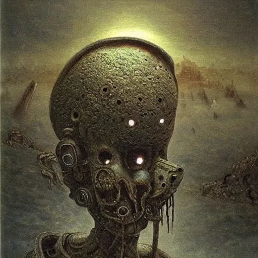 Prompt: ancient robot beksinski, eldritch, apocalypse, creepy creature, horror spooky