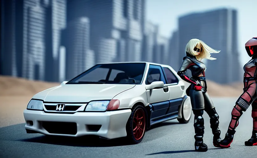 Image similar to photograph of a cell-shaded Honda EK9 Type-R with a techwear woman , on a desert road with a futuristic city in the horizon, one point perspective, 1-point perspective, tilt shift, sigma 85mm f/1.4, 4k, depth of field, high resolution, 4k, 8k, hd, full color