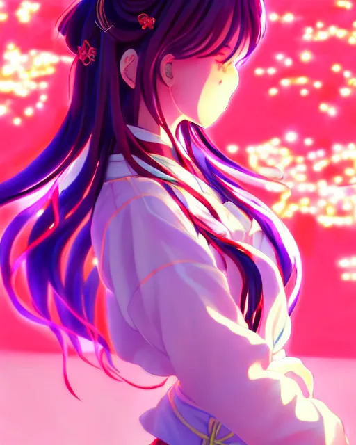 Image similar to anime style, vivid, expressive, full body, 4 k, painting, a cute magical girl idol with a long wavy hair wearing a kimono outfit, correct proportions, stunning, realistic light and shadow effects, neon lights, studio ghibly makoto shinkai yuji yamaguchi