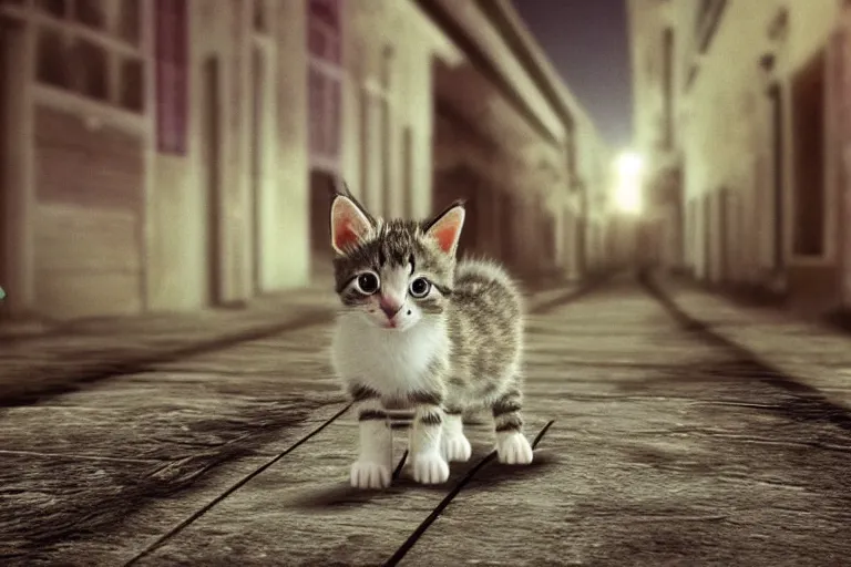 Prompt: a cute kitten on an adventure through an abandoned town in the night, 3d scene, render, ultra realistic