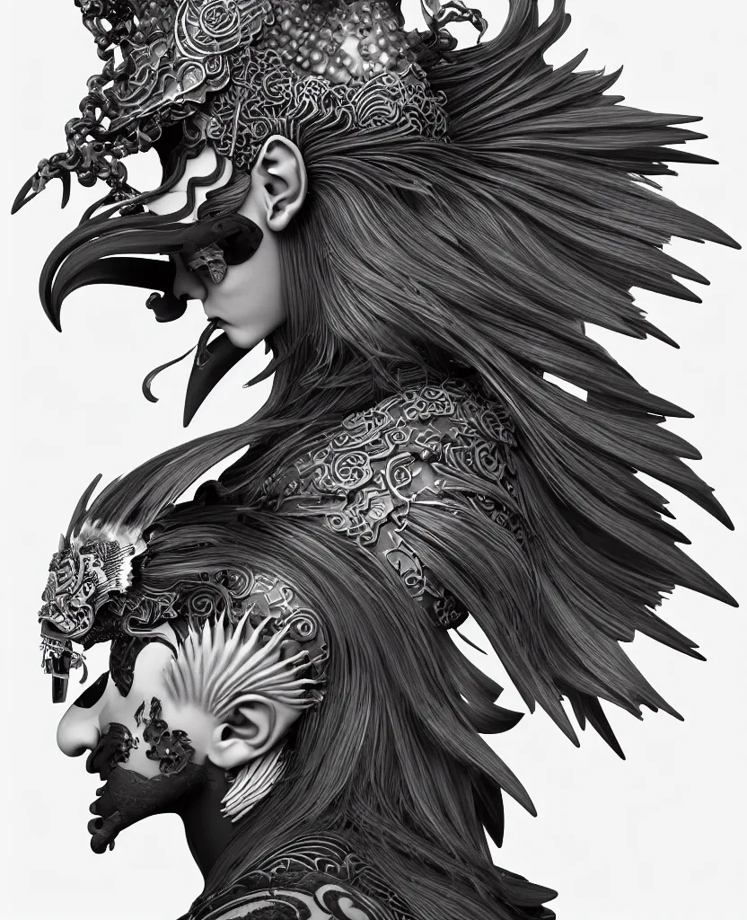 Image similar to 3 d goddess close - up profile portrait punk with mohawk with ram skull. beautiful intricately detailed japanese crow kitsune mask and clasical japanese kimono. betta fish, jellyfish phoenix, bio luminescent, plasma, ice, water, wind, creature, artwork by tooth wu and wlop and beeple and greg rutkowski