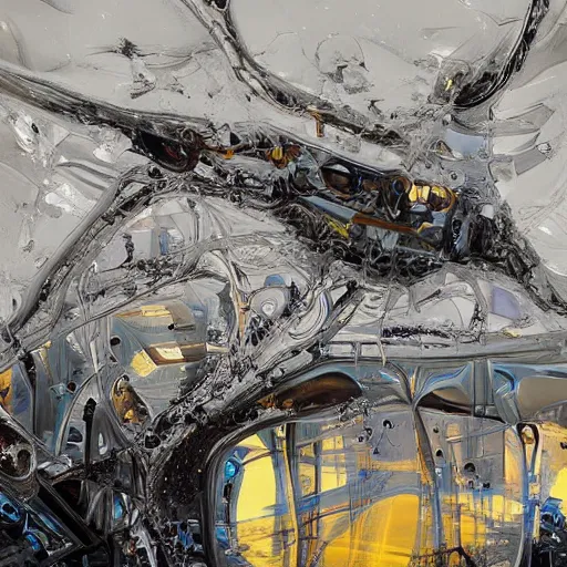 Image similar to digital sci-fi oily gloss reflection zaha hadid airport motherboard with organic forms in liquid and oil on the coronation of napoleon painting, on moon with medium size man walking with black background and digital billboard in the middle. unreal engine 5, keyshot, octane, artstation trending, by Zaha Hadid architects, by Matrix film color, high contrast pinterest black plastic, dark atmosphere pinterest tilt shift, 4k, 8k, 16k.