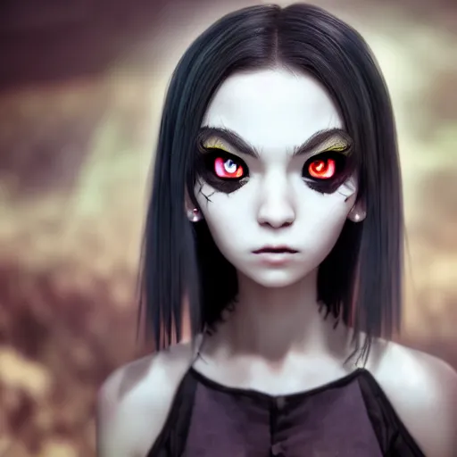 Image similar to photorealistic full shot portrait of angry darkness anime girl, inspired by Tim Burton, detailed, unreal engine 4k