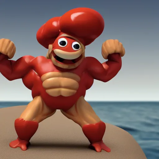 Prompt: render of muscular pizza man, beach background