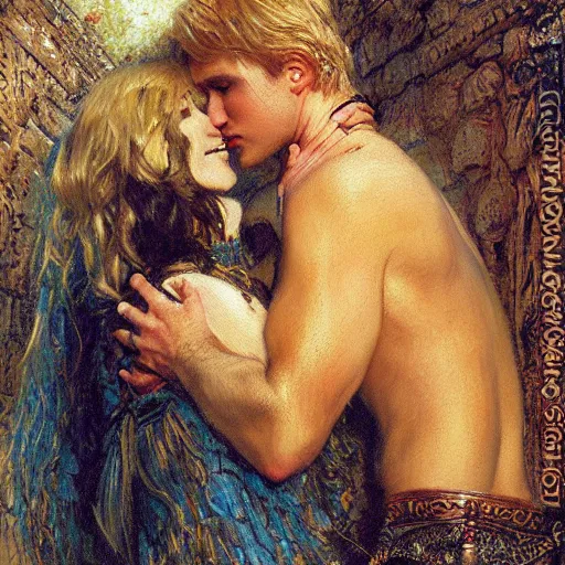 Image similar to attractive male, arthur pendragon who has blond hair confesses his love to attractive male, merlin who has dark hair. highly detailed painting by gaston bussiere, craig mullins, j. c. leyendecker 8 k