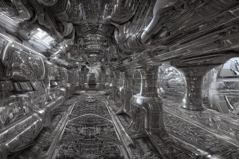 Prompt: The pristine halls of an organic alien spacecraft, biomechanical structures, subsurface scattering