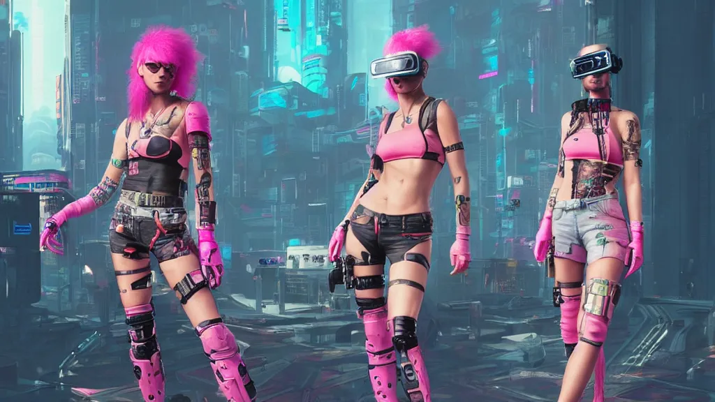 Prompt: A female cyberpunk character concept art from Cyberpunk 2077, pink Mohawk, futuristic virtual reality goggles, 1980s vest, torn shorts, by Stanley Artgerm Lau, WLOP, Rossdraws, James Jean, Andrei Riabovitchev, Marc Simonetti, and Sakimichan, trending on artstation