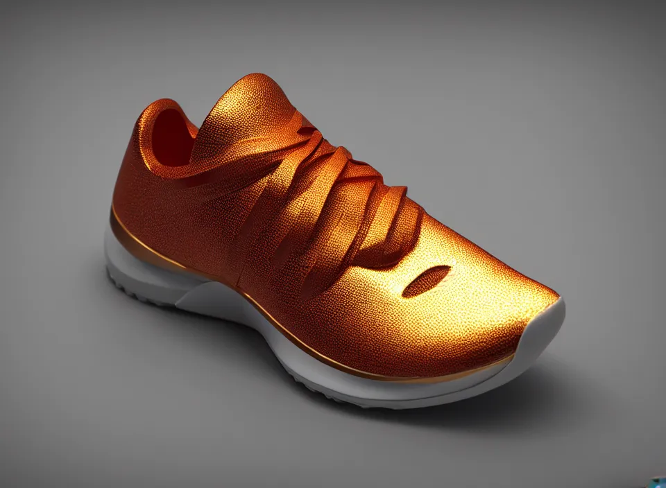 Image similar to realistic 3 d render of a minimalist futuristic sneaker, beautiful studio lighting, soft, sharp focus, neon cyberpunk highlights, intricate detail, gold and red metal, soft rubber, textured plastic, octane render, side view, close up, trending on artstation, deviantart, nike, adidas, converse, reebok, salomon