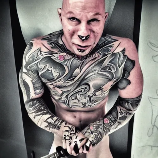 Image similar to muscular bald man, tattooed body, sword in hands, HD, anime style,