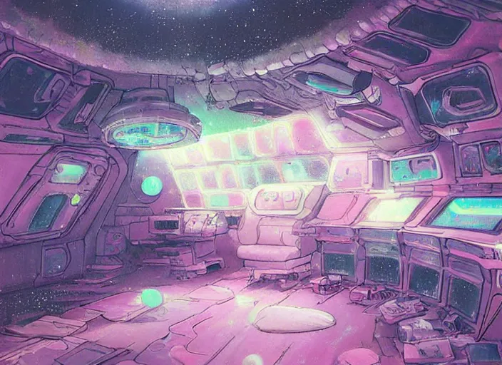 Prompt: faster than light travel, interior of this cute pastel fluffly spaceship, cluttered panels intricate electronics painterly impression of this glowing impasto trending on pixiv scene, interesting glowing fuzzy unclear where am i inside spaceship interior