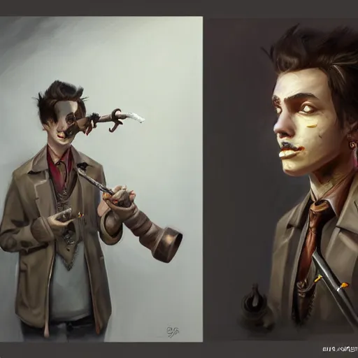 Image similar to an oil drawing of a young vampire with a pipe in his hand, a character portrait by muggur, disco elysium character, featured on deviantart, fantasy art, concept art, official art, hd mod