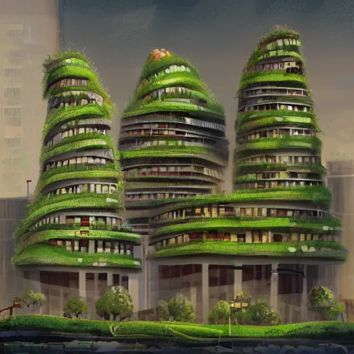 Image similar to a city\'s buildings are all in the shape of avocados,artstation