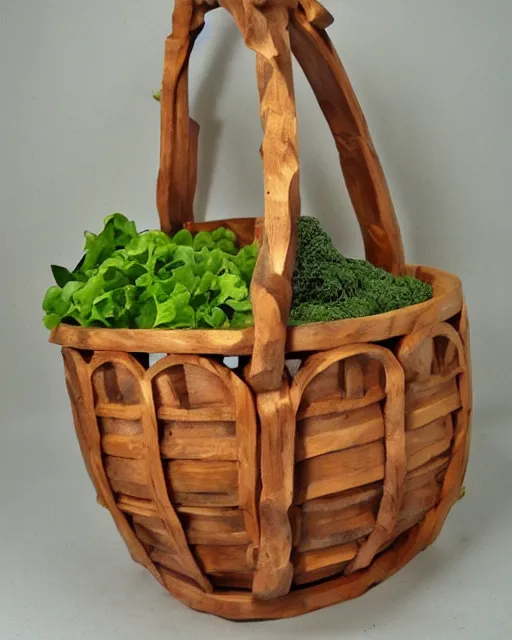 Image similar to wooden carving statue of a basket of vegetables, product picture, ebay listing thumbnail