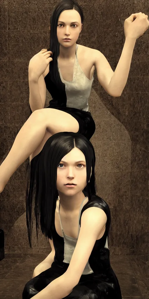 Prompt: photo of lonely young girl with straight long black hair wearing black dress and sitting on bathroom floor, photo made by vanessa beecroft, render by artgem and alphonse mucha for capcom co, resident evil