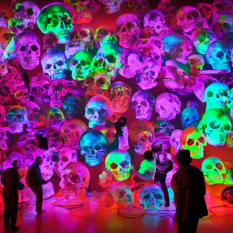 Image similar to fluxus performance of gradient colors light projection onto several giant skulls in a cramped art gallery, high contrast hyperrealism trending on arstation 8 k