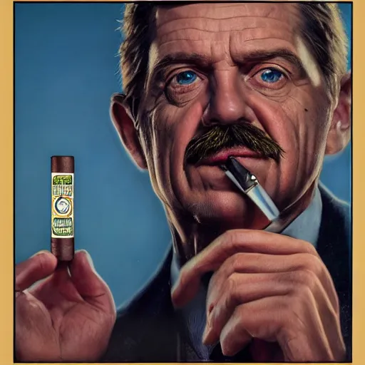 Image similar to Mr. House, realistic, highly detailed face, looks at the nuclear explosion, from the window of the Lucky 38 Casino, man smokes a cigar, ! holding in his Hand !, arm,cigarette advertising, hyperdetailed, artstation trending, ultra HD, artstation, photorealism, ultrarealistic, retro, 45mm, elegant,